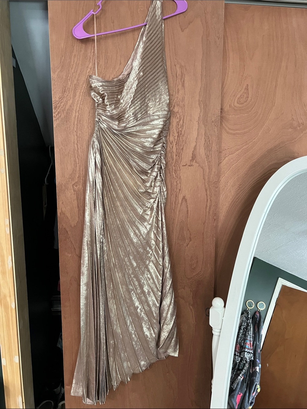 Fashion Nova Metallic One-Shoulder Pleated Gown - Gold